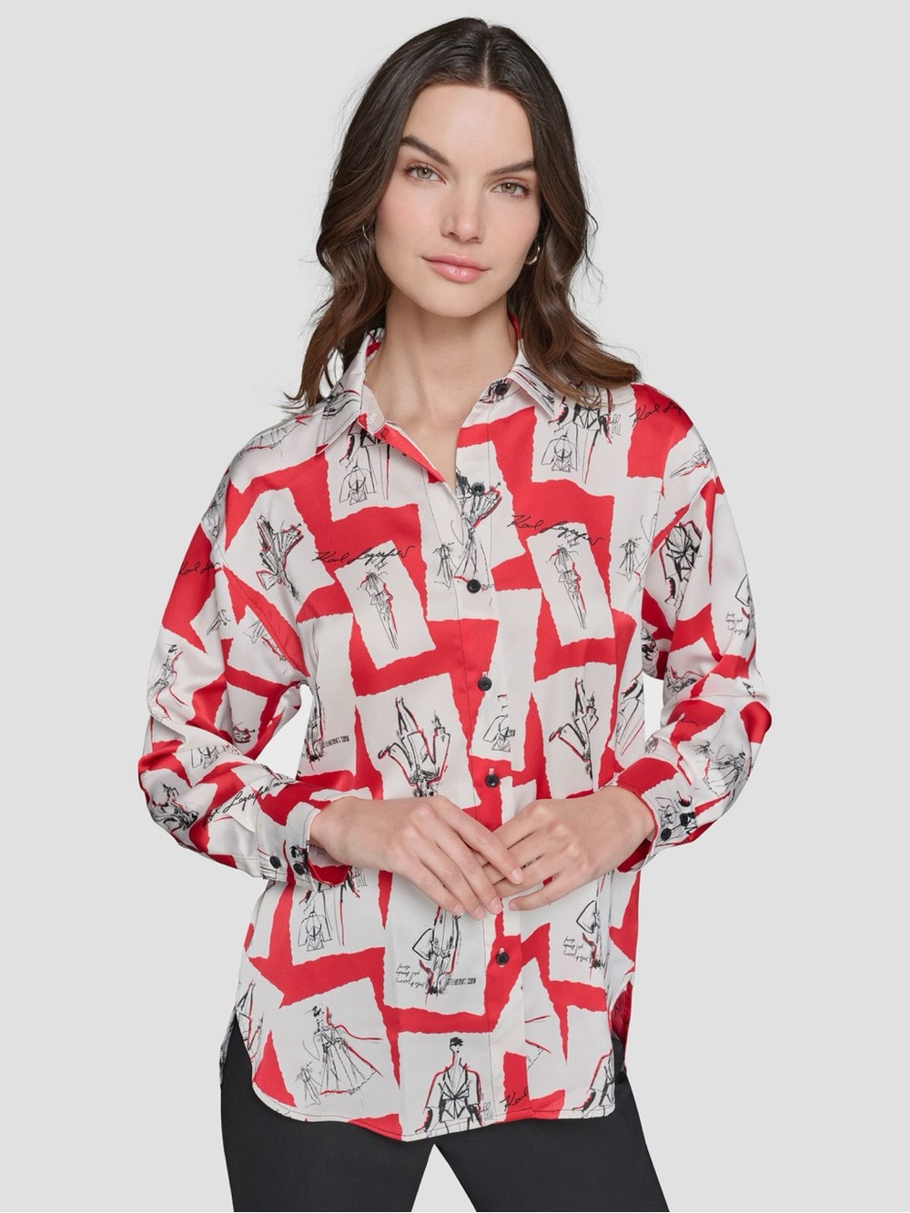 Karl Lagerfeld Red and White Sketch-Print Button Down Shirt, Office, Designer